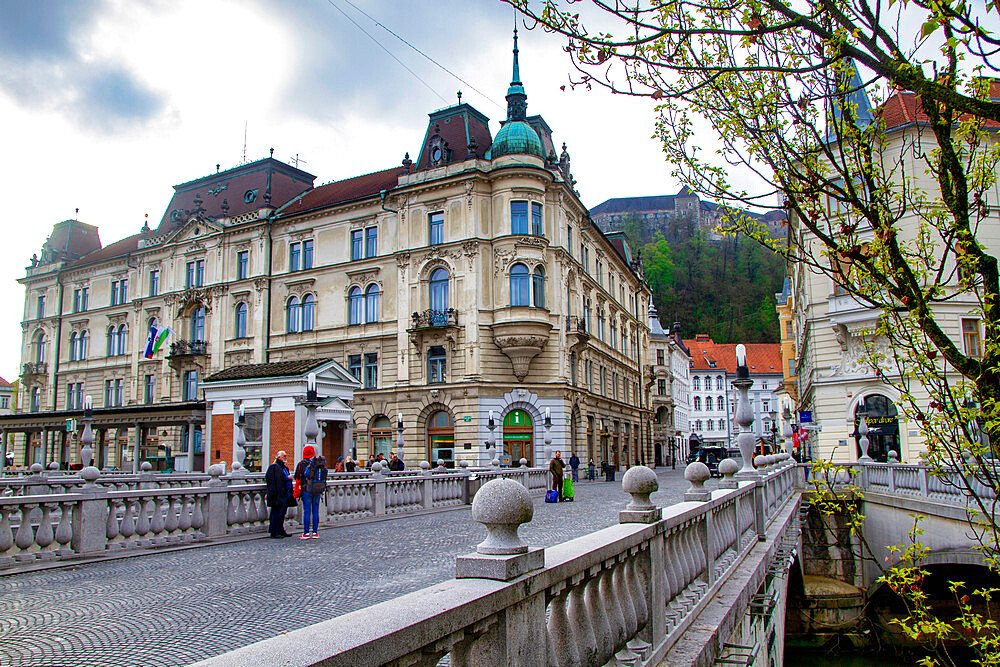 Plecnik Three Bridges on Ljubljanica River, City center, Ljubljana, Slovenia, Europe