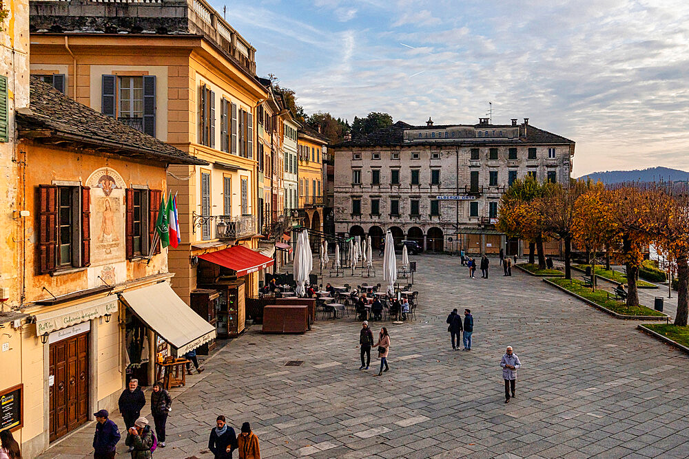 Piazza Motta on an autumn afternoon. Orta, Orta Lake, Novara district, Piedmont, Italy