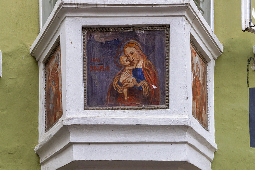 Religious fresco on the ancient house in the old town of Chiusa, Sudtirol (South Tyrol), Bolzano district, Italy, Europe