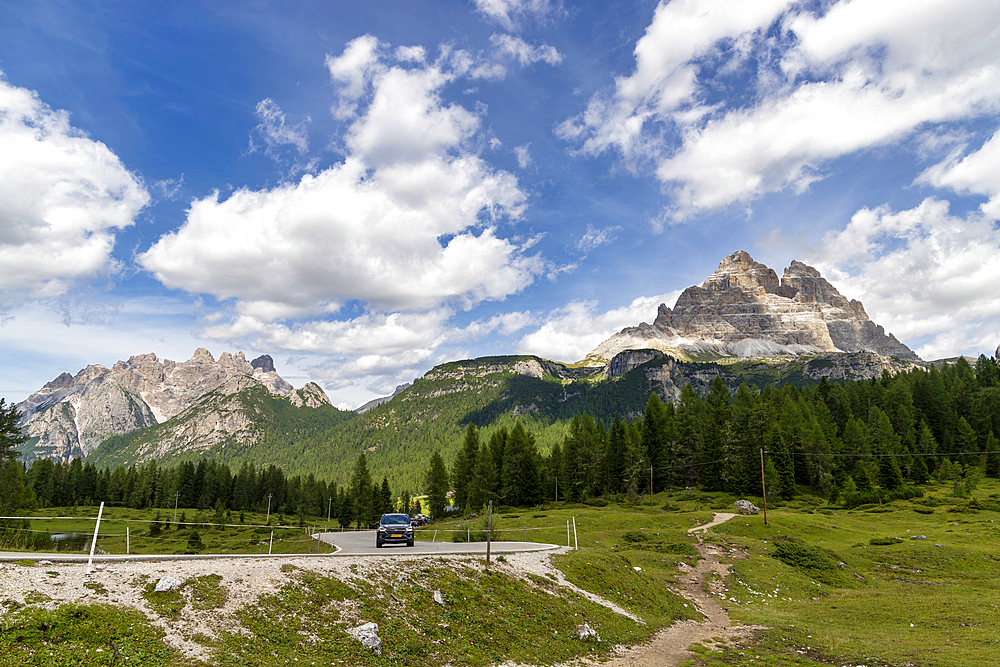 The road to Rifugio Auronzo, with Tre Cime di Lavaredo Belluno Dolomites, Auronzo di Cadore, Belluno District, Veneto, Italy, Europe