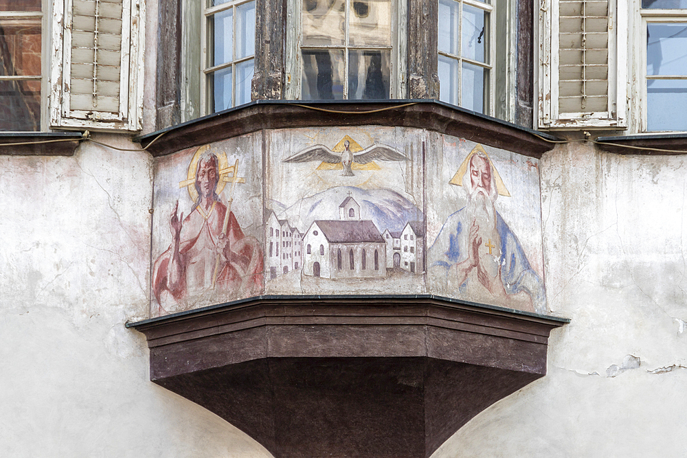 Religious fresco on a building in the old town of Bolzano (Bozen), Bozen district, Sudtirol (South Tyrol), Italy, Europe