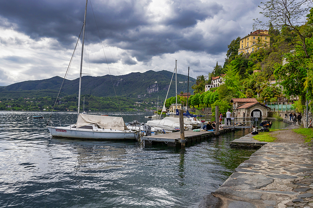 Boats moored on Lake Orta, Orta, Novara district, Italian Lakes, Piedmont, Italy, Europe