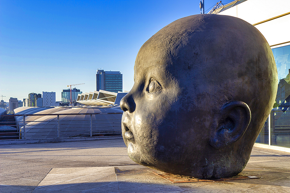 Giant Child Statue Head Titled 'Day', Atocha Train Station, Madrid, Spain, Europe