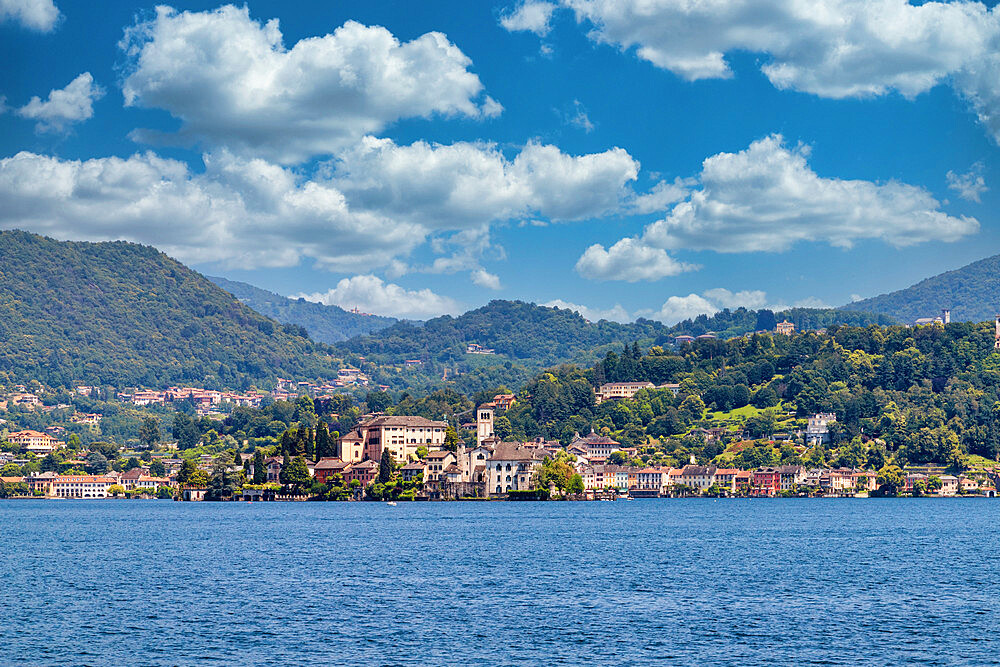 A view of San Giulio island, Orta lake, Novara district, Piedmont, Italian Lakes, Italy, Europe