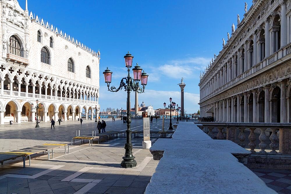 Perspective of the Doge's Palace and the Marciana Library, Piazzetta San Marco, Venice, Veneto, Italy