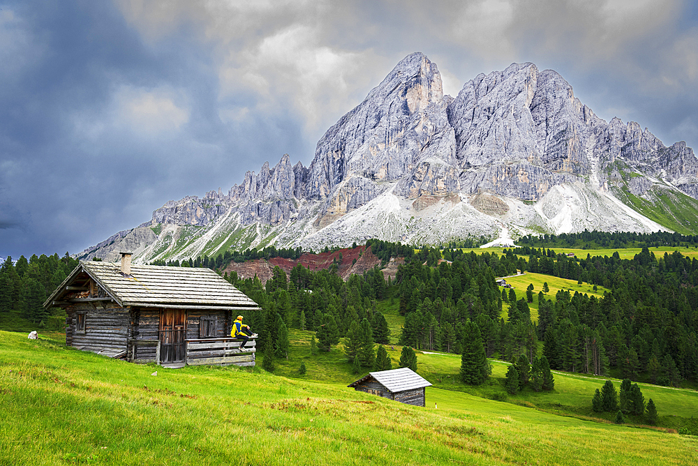 Side view of a hiker on chalet in green meadows admiring the rocky massif of Sass de Putia, Passo delle Erbe, Dolomites, Puez Odle, Bolzano district, South Tyrol, Italy, Europe