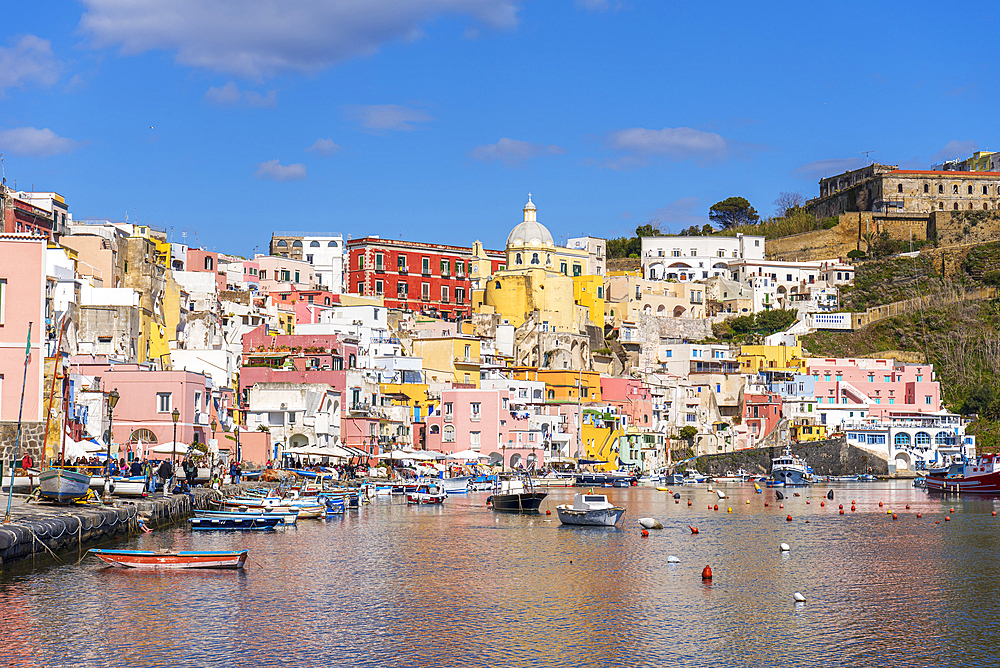 View of the famous colourful Italian fishing village of Marina Corricella, Procida island, Tyrrhenian Sea, Naples district, Naples Bay, Campania region, Italy, Europe