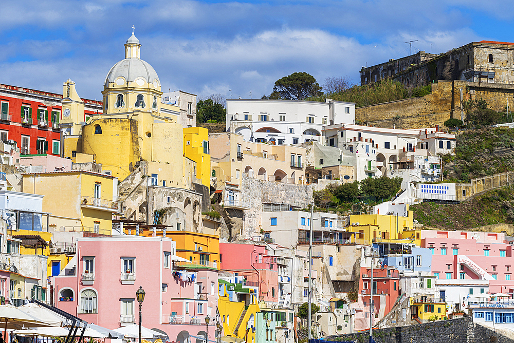 Detail view of the colourful fishing village of Marina Corricella, Procida island, Tyrrhenian Sea, Naples district, Naples Bay, Campania region, Italy, Europe