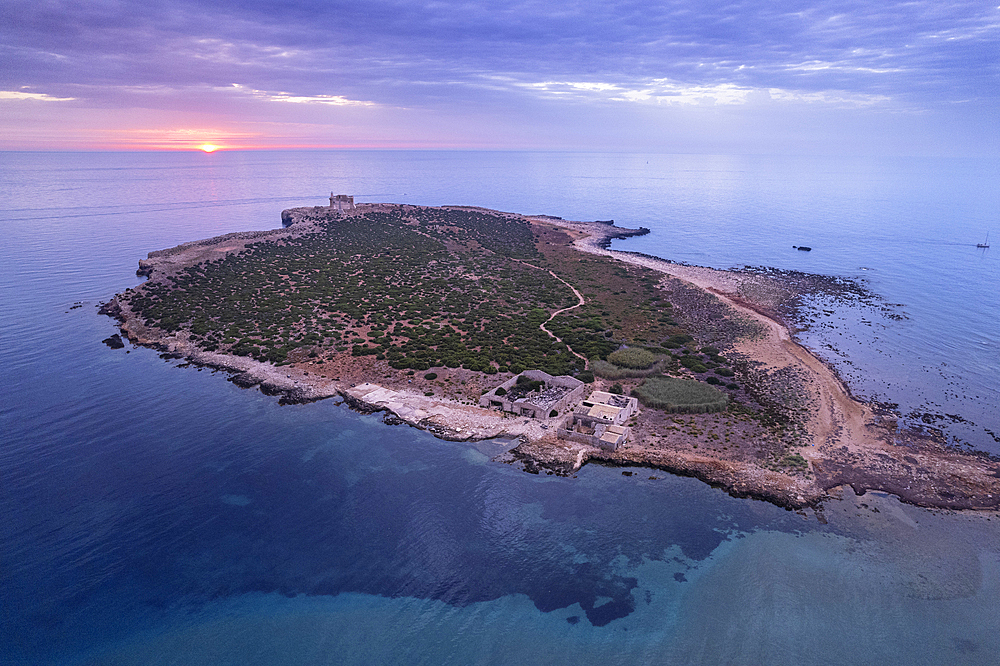 Aerial view of Capo Passero island at sunrise, Portopalo di Capo Passero municipality, Siracusa province, Sicily, Italy, Mediterranean, Europe