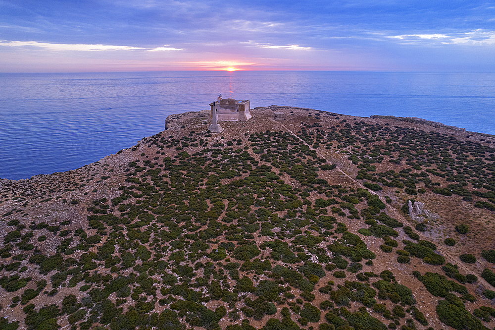 Aerial view of the fortified tower and island of Capo Passero at sunrise, Capo Passero island, Portopalo di Capo Passero municipality, Siracusa province, Sicily, Italy, Mediterranean, Europe