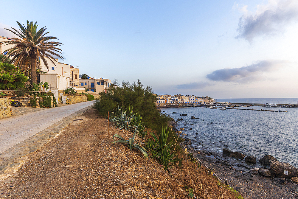 View of the white fishing village of Marettimo at dawn, Marettimo island, Aegadian islands, Trapani province, Sicily, Italy, Mediterranean, Europe