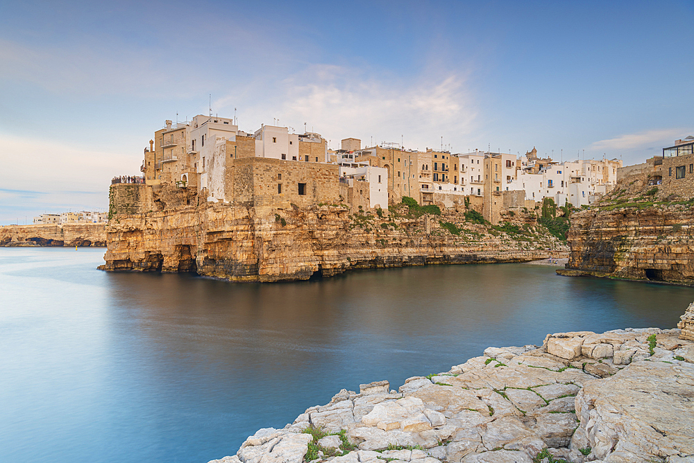 Polignano a Mare coastal town at dusk, Bari, Apulia, Adriatic Sea, Mediterranean Sea, Italy, Europe