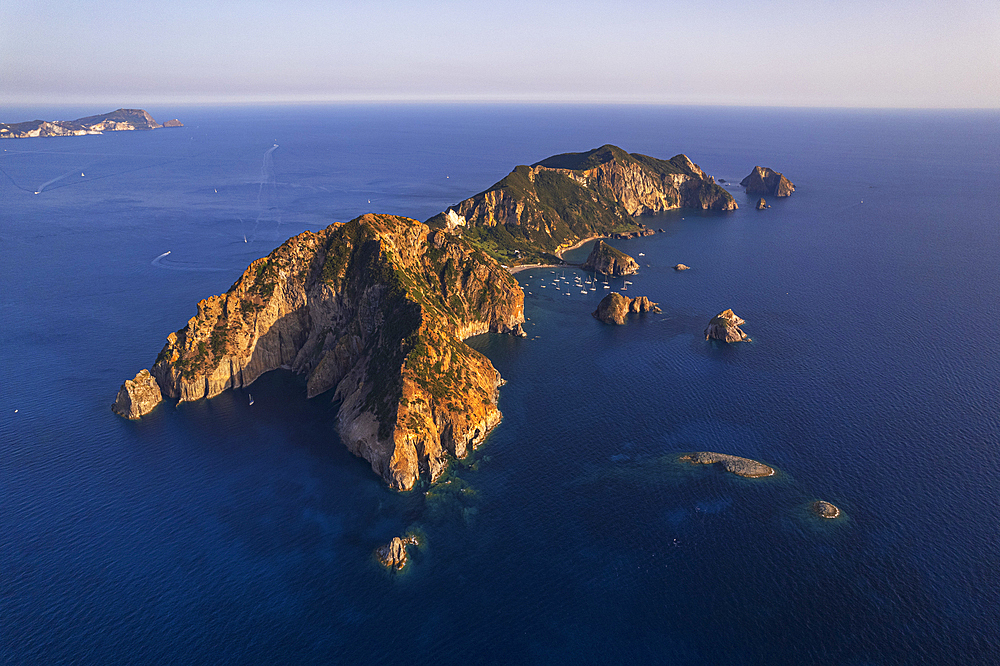 Aerial view of the tiny island of Palmarola at sunset, Ponza municipality, Pontine islands, Tyrrhenian Sea, Latina Province, Latium (Lazio), Italy, Europe