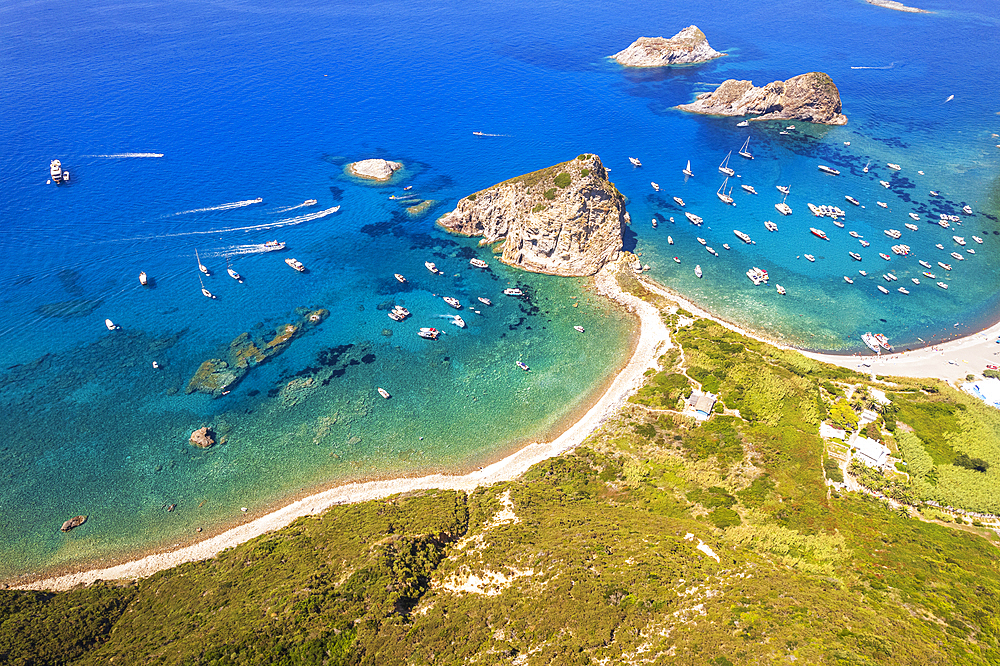 Aerial view of the coast of the wild island of Palmarola, Ponza municipality, Mediterranean Sea, Pontine archipelago, Latina Province, Latium (Lazio), Italy, Europe