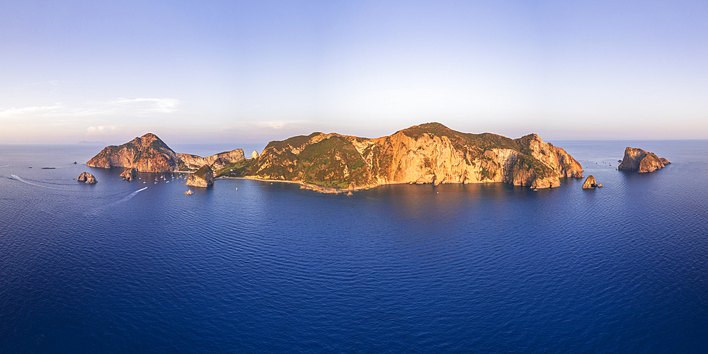 Panoramic aerial view of the island of Palmarola in the blue waters of the Tyrrhenian sea, Ponza municipality, Pontine archipelago, Latina Province, Latium (Lazio), Italy, Europe