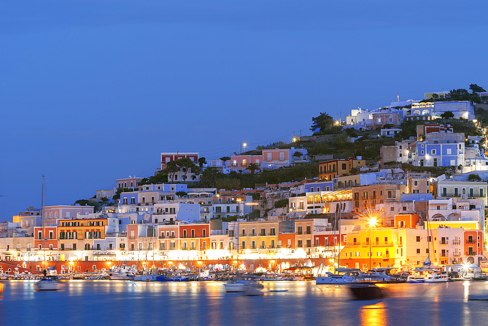 The illuminated fishing village of Ponza at dusk, summer view, Pontine archipelago, Latina province, Tyrrhenian Sea, Latium (Lazio), Italy Europe