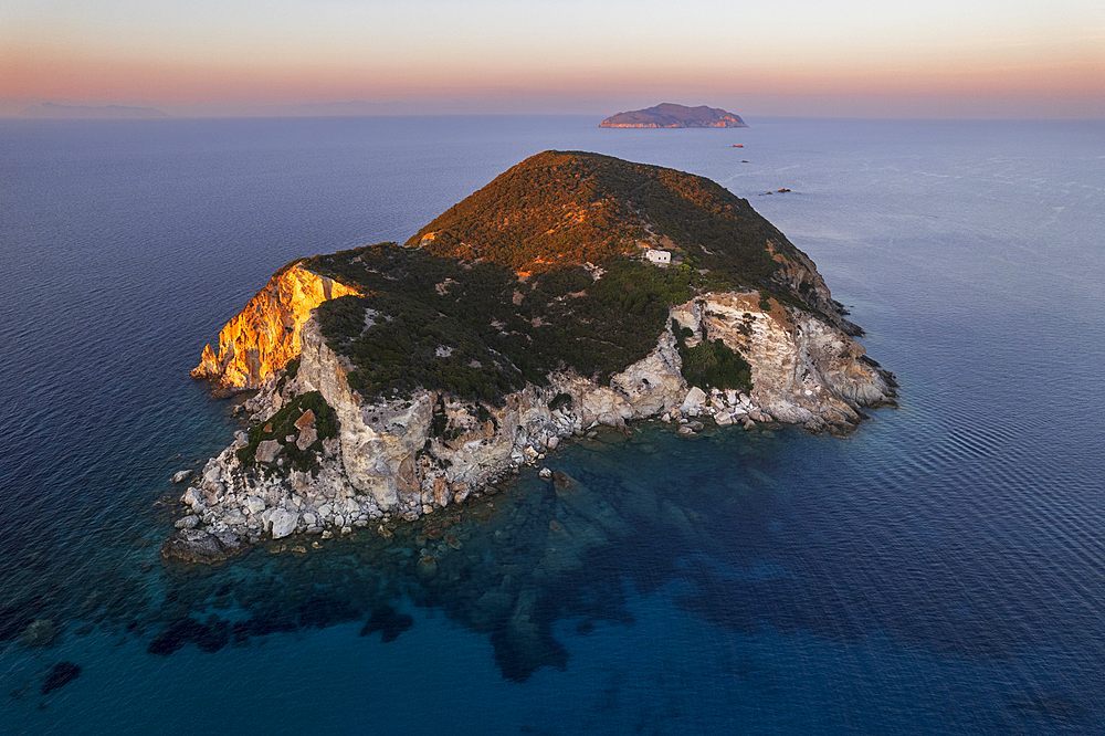 Sunset above Gavi island with Zannone island in the background, aerial view, Ponza municipality, Circeo National Park, Pontine archipelago, Tyrrhenian sea, Latina province, Latium (Lazio), Italy Europe