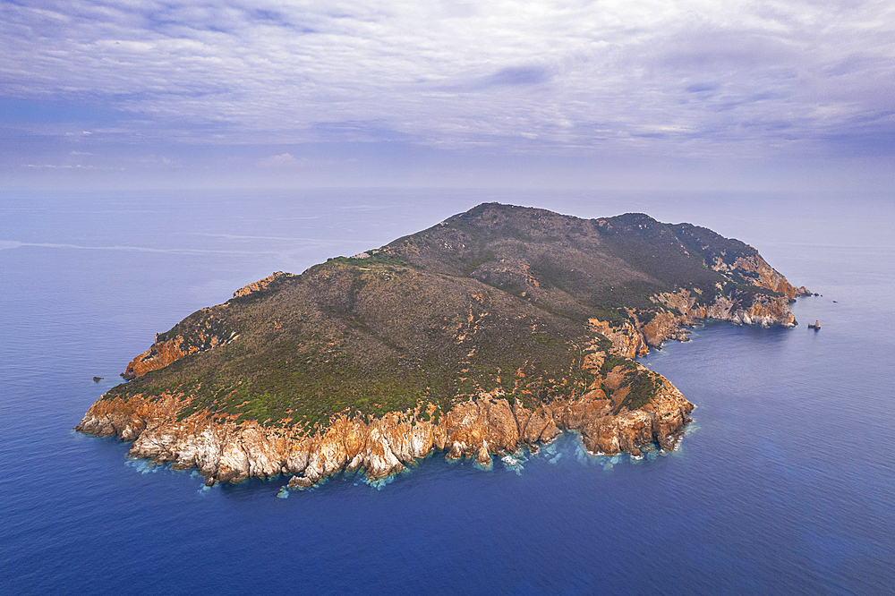 Drone view of Zannone island on a cloudy day, Zannone island, Ponza municipality, Circeo National Park, Pontine archipelago, Tyrrhenian sea, Latina province, Latium (Lazio), Italy Europe