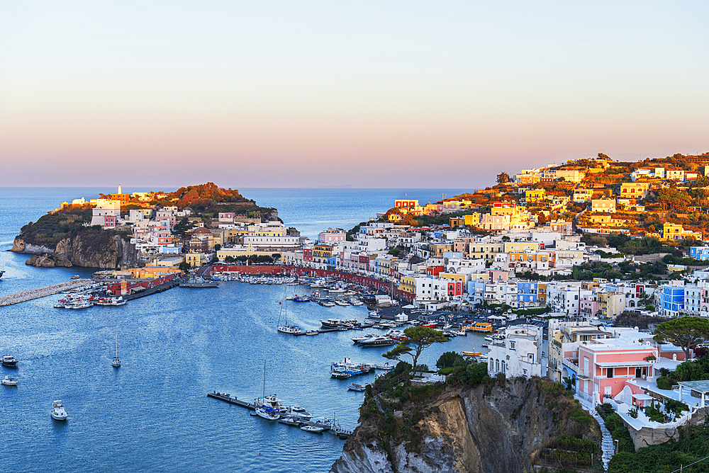 Traditional and colorful fishing town of Ponza seen from above at sunset, Pontine archipelago, Latina province, Tyrrhenian Sea, Latium (Lazio), Italy Europe