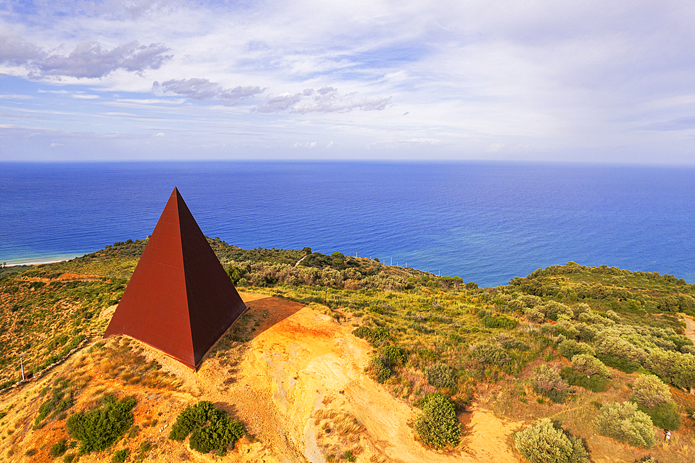 Aerial of the iron pyramid of Parallel 38 against the sea, Fiumara d'Arte, Motta d'Affermo, Nebrodi mountains, Messina province, Sicily, Italy, Mediterranean, Europe