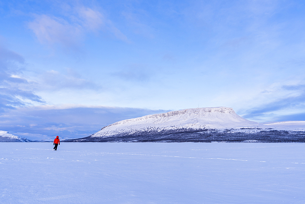 Man in the Arctic landscape walks on the icy surface of a Finnish lake in front of Saana hill (fell) at dusk, Kilpisjarvi, Enontekio municipality, Finnish Lapland, Finland, Scandinavia, Europe