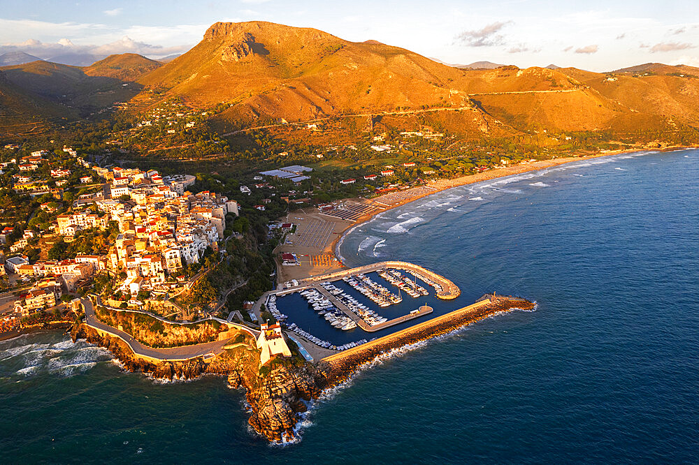 Aerial view of Sperlonga village with the harbour and castle at sunset, Sperlonga, Latina province, Latium (Lazio), Italy, Europe