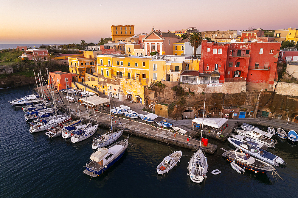 Aerial view of the Roman harbour of Ventotene at dawn, Pontine Islands, Latina province, Tyrrhenian sea, Lazio, Italy, Europe