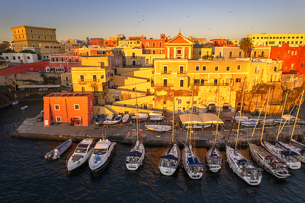 Aerial view of the harbour of the colourful village of Ventotene at dawn, Tyrrhenian sea, Latina province, Latium, Italy, Europe