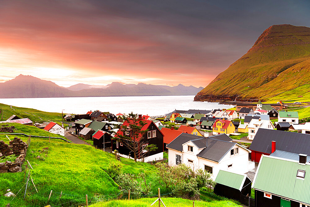 Costal village of Gjogv at sunrise, Eysturoy island, Faroe islands, Denmark, Europe