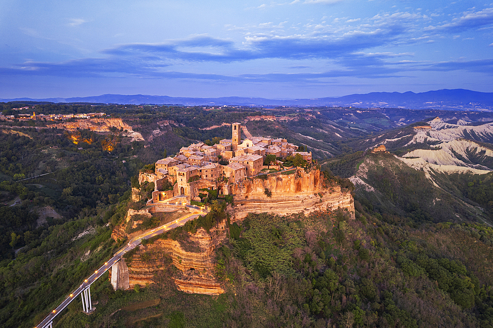 Aerial view of the medieval village of Civita di Bagnoregio at dusk, Viterbo province, Latium, Italy, Europe