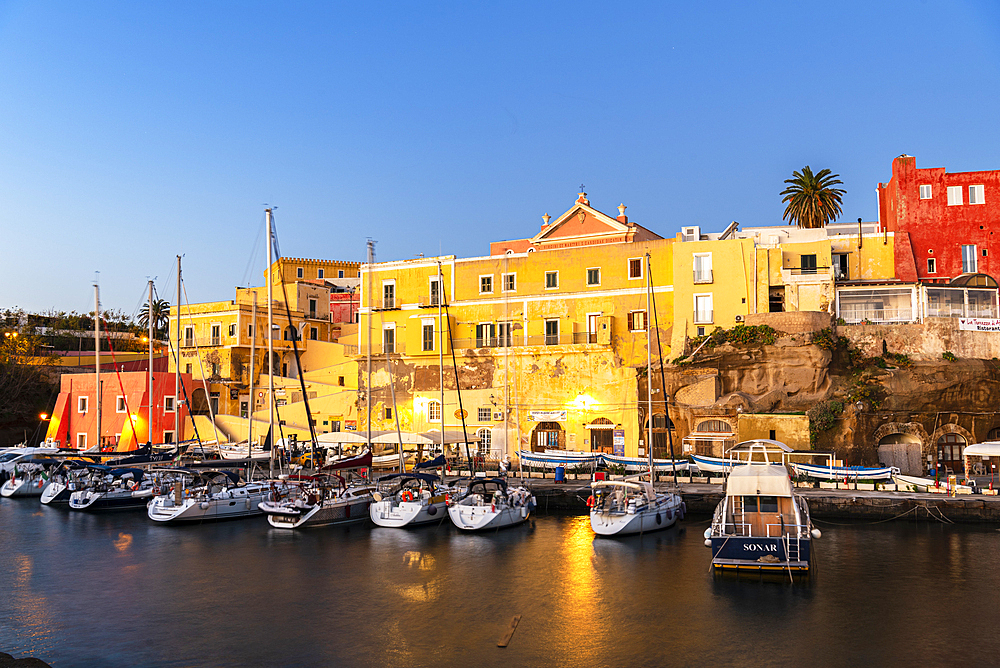 Old roman harbour of the colourful village of Ventotene at dawn, Tyrrhenian sea, Latina province, Latium, Italy, Europe