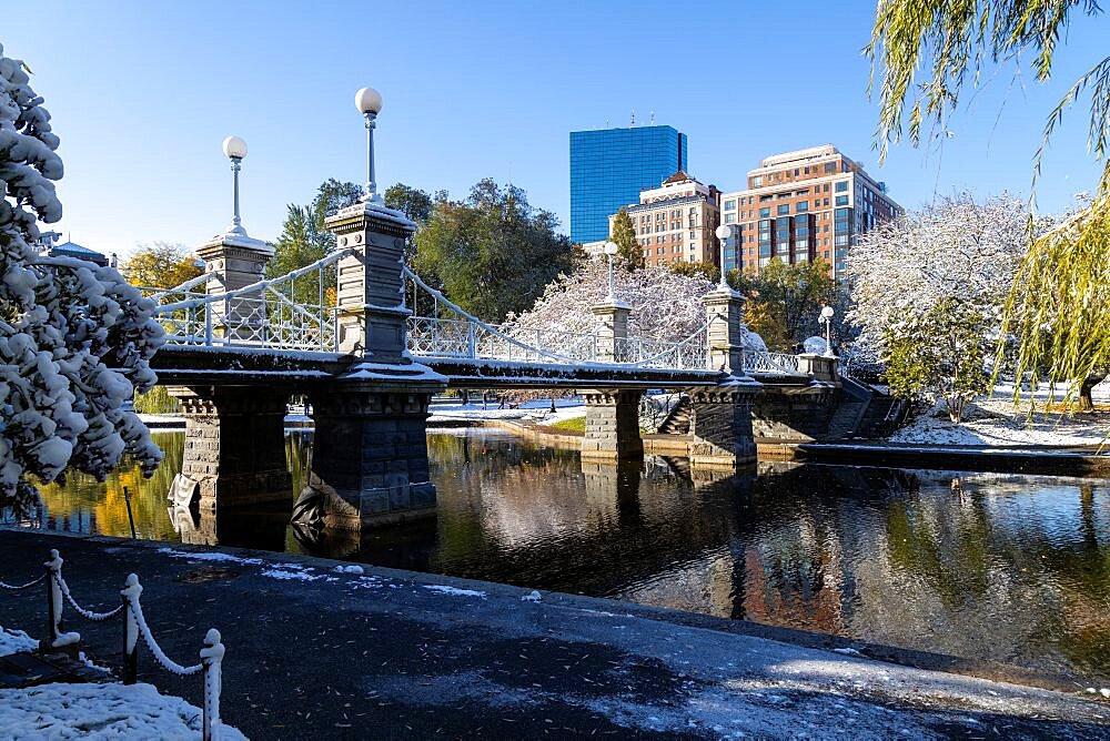 Scenic Bridge in Boston's Public Garden Early Autumn Snow