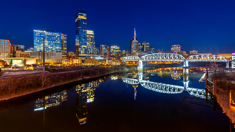 Skyline reflection at night, Cumberland River, Nashville, Tennessee, United States of America, North America