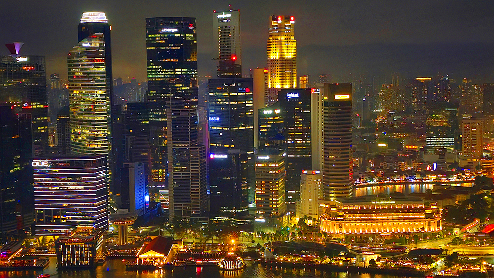 Evening/night,Central Business District from top of Marina Bay Sands Hotel, Singapore