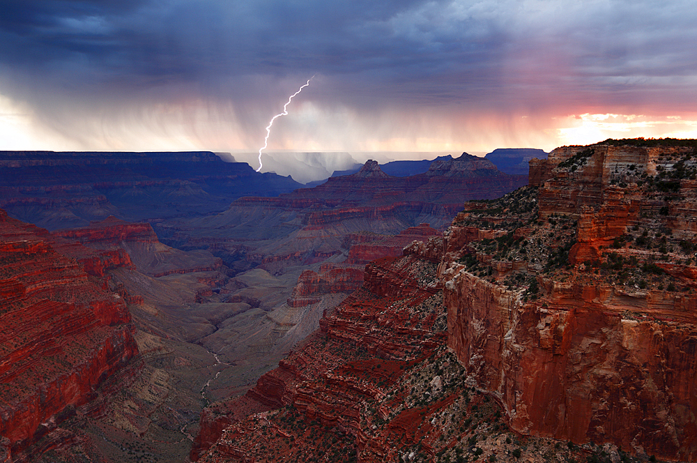 Lightning strike over Grand Canyon south rim from Cape Royal, north rim, Grand Canyon National Park, UNESCO World Heritage Site, Arizona, United States of America, North America