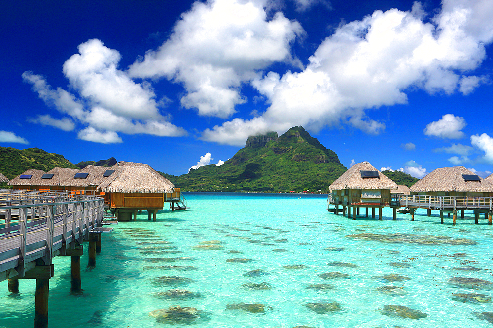 Le Bora Bora by Pearl Resort and Mount Otemanu, Moto Tevairoa island, Bora Bora, French Polynesia, South Pacific, Pacific