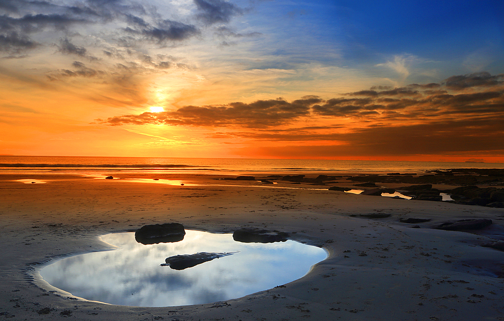 Sunset over the Bristol Channel from Dunraven Bay, Southerndown, South Wales, United Kingdom, Europe