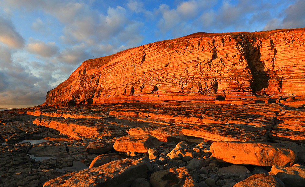 Golden evening light on the limestone cliffs, Dunraven Bay, Southerndown, Vale of Glamorgan, Wales, United Kingdom