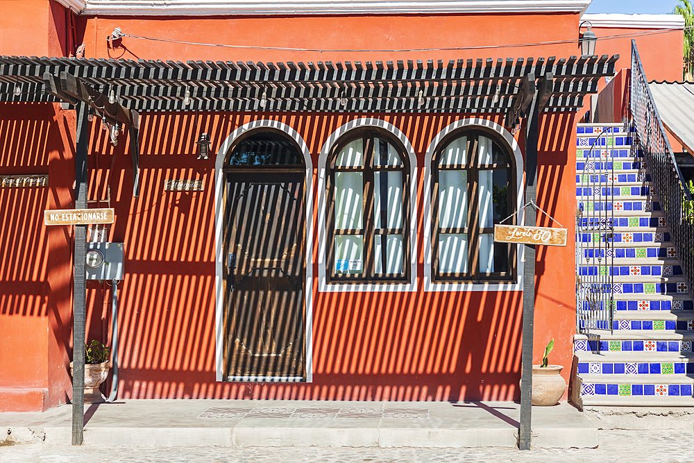 Loreto, Baja California Sur, Mexico. November 17, 2021. Shadows from a wooden slat awning.