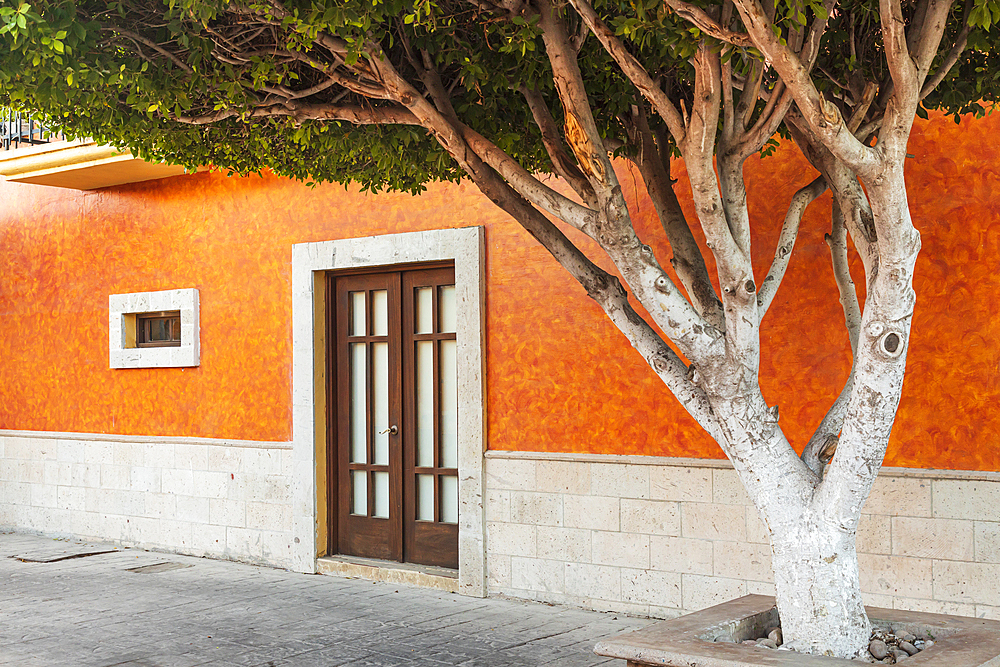 Loreto, Baja California Sur, Mexico. November 17, 2021. Wooden door on an orange stucco building.