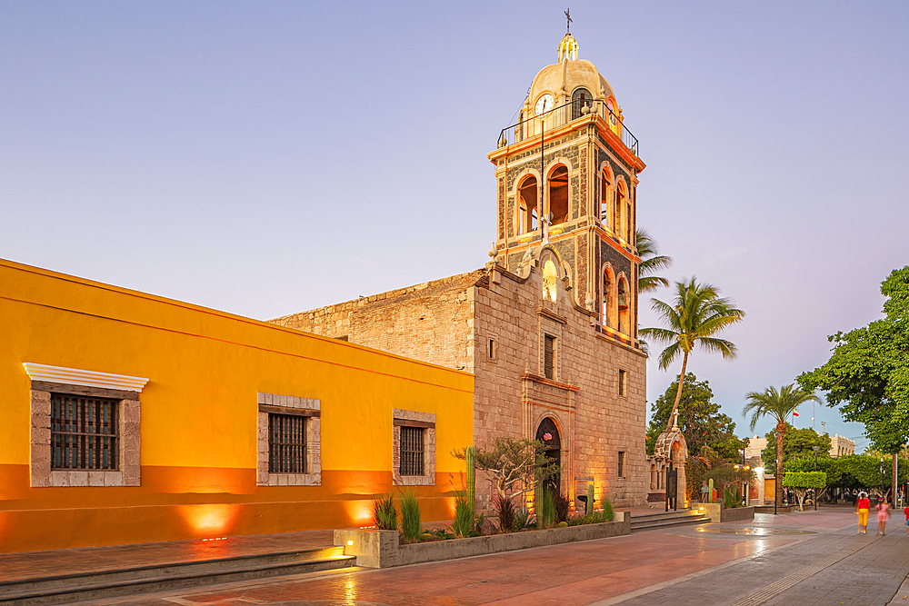 Loreto, Baja California Sur, Mexico. Bell tower on the Loreto Missioin church at sunset.