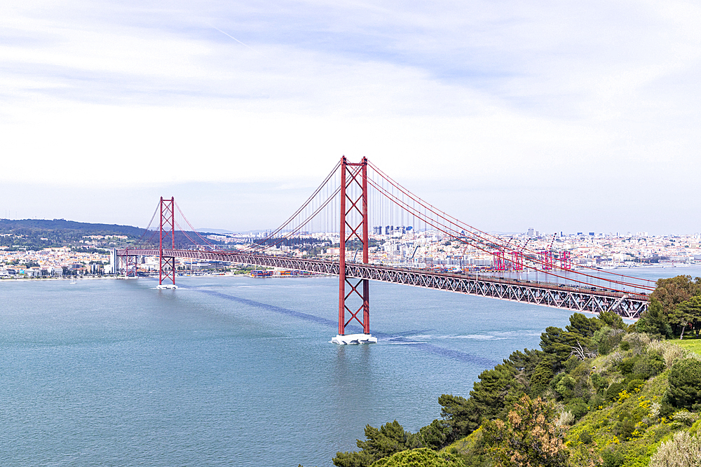 Europe, Portugal, Lisbon. The 25th of April Bridge across the Tagus River in Lisbon.