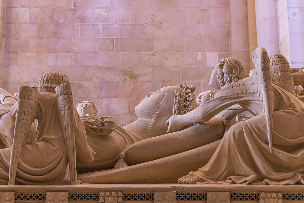 Europe, Portugal, Alcobaca. April 14, 2022. Tomb of Ines de Castro in the Alcobaca Monastery, a UNESCO World Heritage Site.