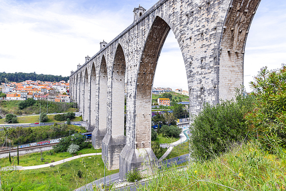 Europe, Portugal, Lisbon. April 17, 2022. The ancient Roman Agua Livres, Free Waters, aqueduct in Lisbon.