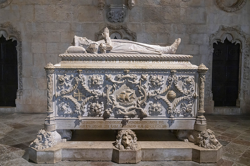 Europe, Portugal, Lisbon. April 19, 2022. Tomb of Vasco da Gama at the Jeronimos Monastery in Lisbon, a UNESCO World Heritage Site.