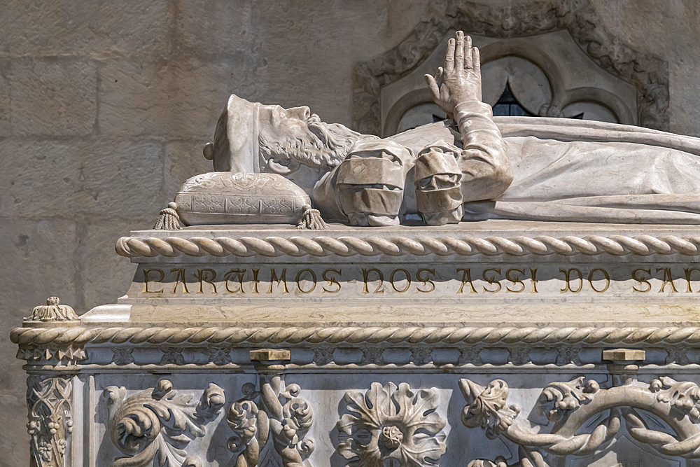 Europe, Portugal, Lisbon. April 19, 2022. Tomb of Vasco da Gama at the Jeronimos Monastery in Lisbon, a UNESCO World Heritage Site.