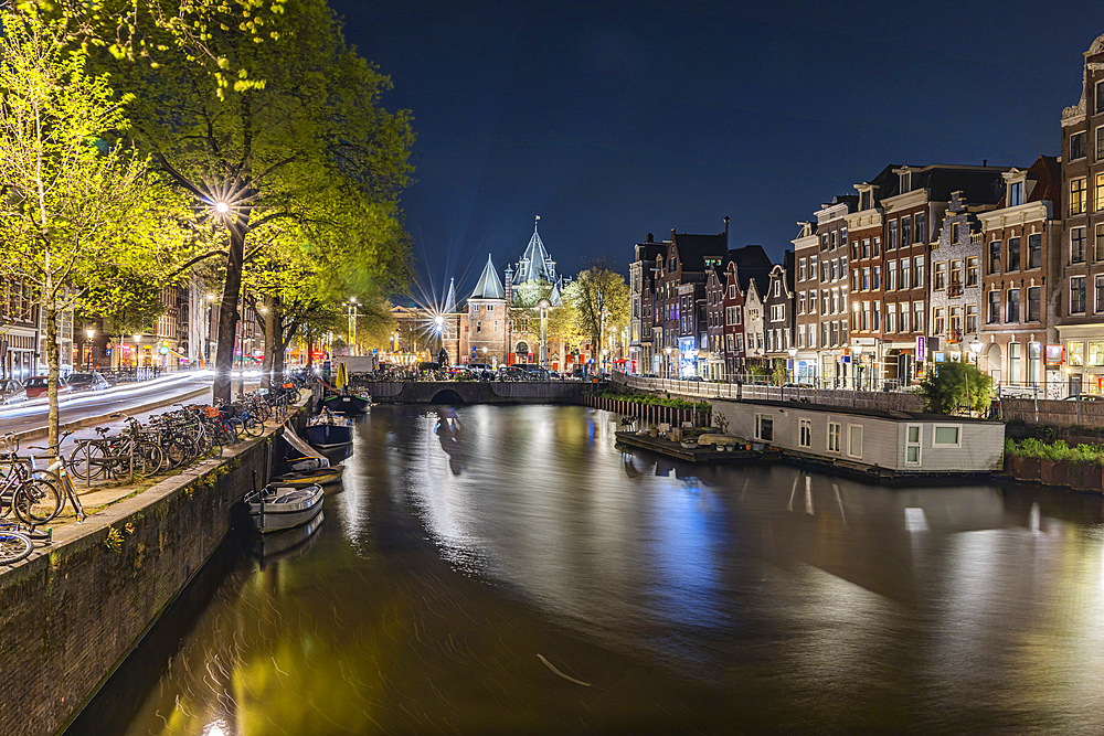 Europe, Netherlands, North Holland, Amsterdam. Lights and reflections at night in Amsterdam.