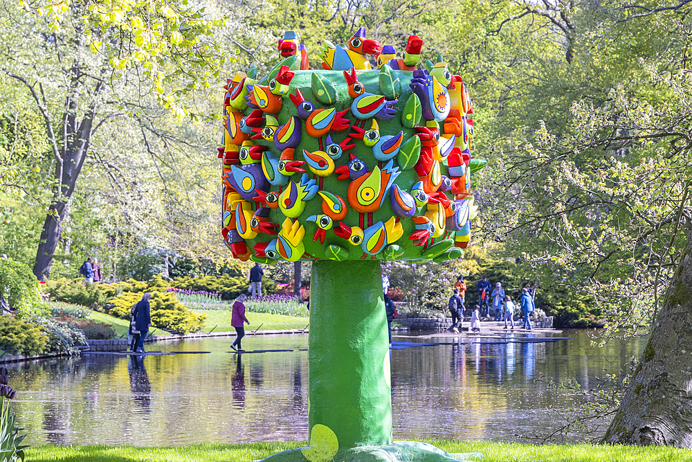 Europe, Netherlands, South Holland, Lisse. April 26, 2022. Sculpture Levenboom, Tree of Life, by Jo Naus and Marjan Tabak.