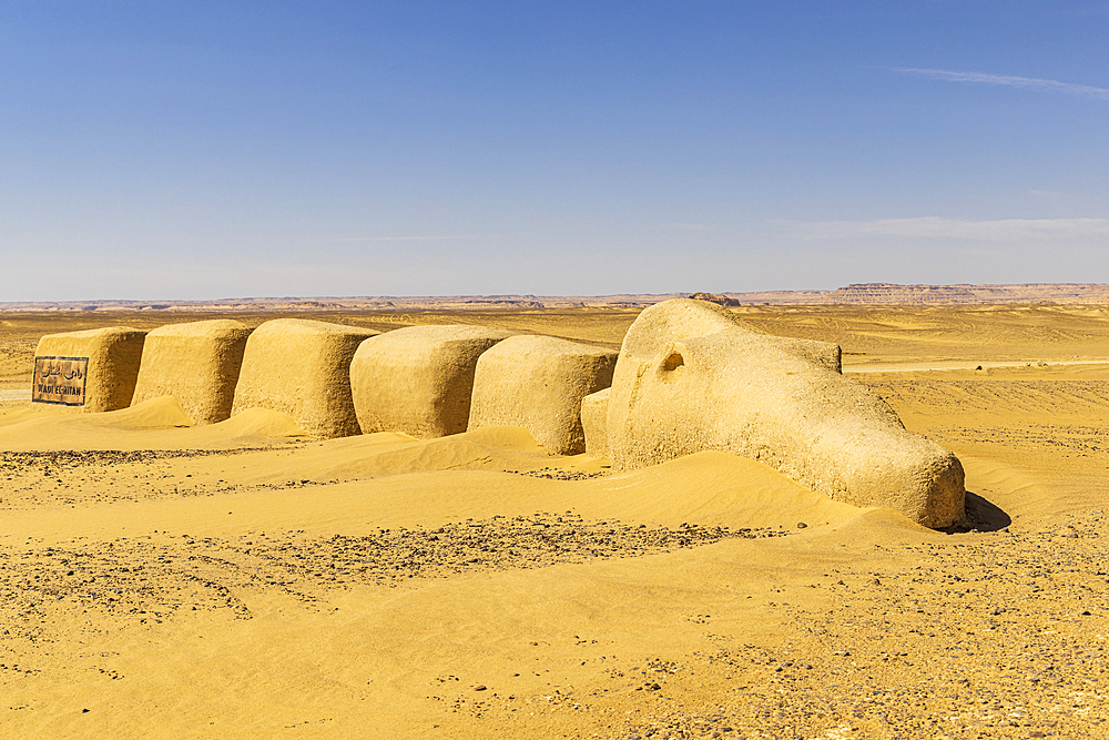 Wadi al Hitan, Faiyum, Egypt. February 20, 2022. Sculpture of a whale fossil at Wadi el-Hitan paleontological site.