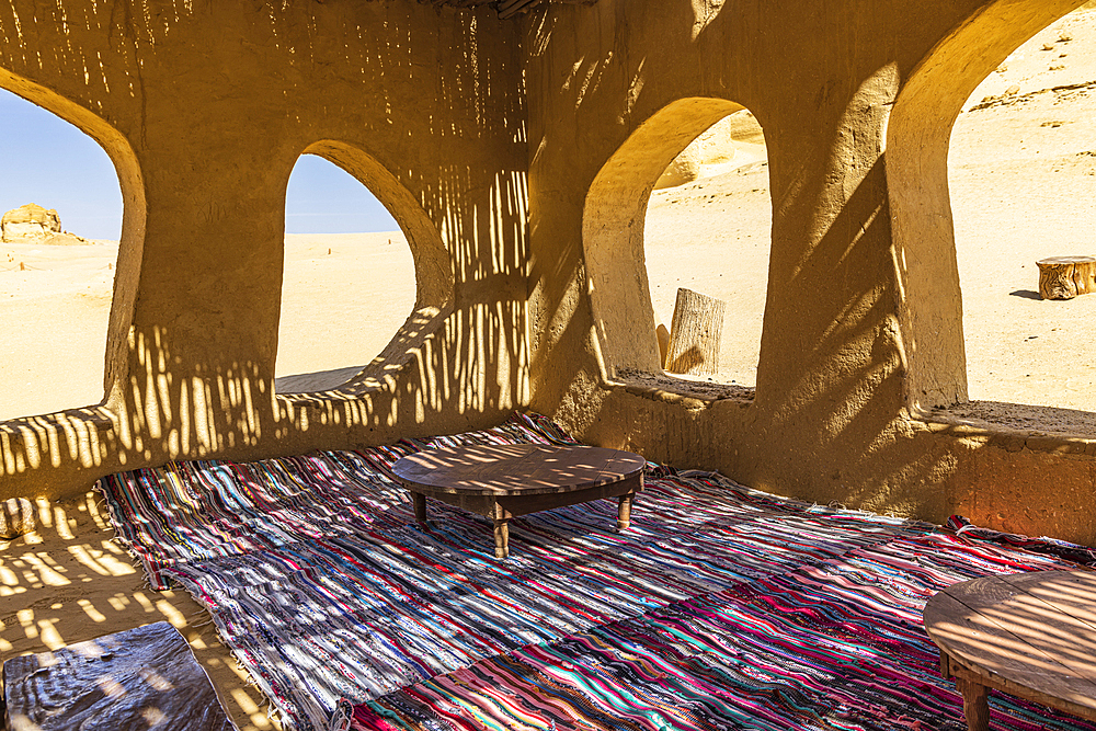 Wadi al Hitan, Faiyum, Egypt. February 20, 2022. Inside a sun shelter at Wadi el-Hitan paleontological site.